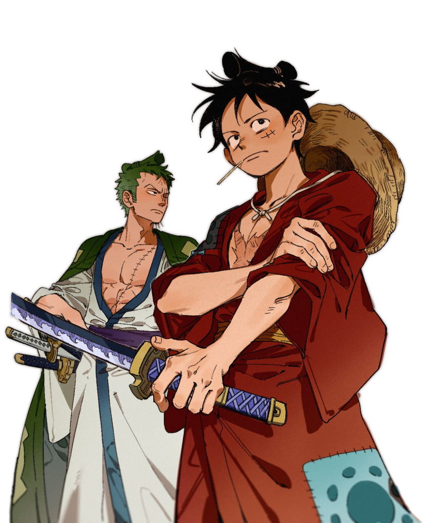 2boys black_hair green_hair hat highres holding holding_sword holding_weapon japanese_clothes katana kimono male_focus monkey_d._luffy mouth_hold multiple_boys multiple_scars multiple_swords muscular muscular_male one_piece open_clothes open_kimono qwwwwww48423 roronoa_zoro scar scar_on_chest scar_on_face short_hair stalk_in_mouth straw_hat sword weapon