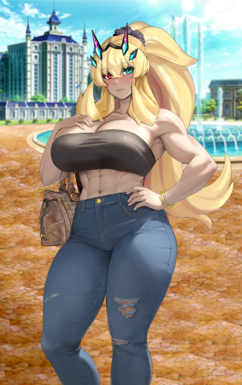 1girl abs bandeau bare_shoulders barghest_(fate) black_bandeau blonde_hair blush breasts denim fate/grand_order fate_(series) green_eyes heterochromia high_ponytail highres horns huge_breasts jeans long_hair looking_at_viewer muscular muscular_female pants raskasar red_eyes solo tall_female thighs torn_clothes torn_jeans torn_pants