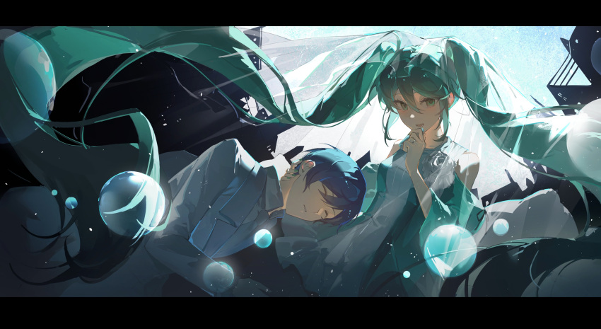 1boy 1girl absurdres aqua_background aqua_dress aqua_eyes aqua_hair backlighting bare_shoulders blue_hair breasts bubble building closed_eyes clothing_cutout dorkyhuzzz dress evillious_nendaiki false_smile fisheye flask hand_on_another's_head hatsune_miku highres holding holding_flask husband_and_wife implied_death kaito_(vocaloid) kaspar_blankenheim long_hair long_sleeves looking_at_viewer margarita_blankenheim medium_breasts narrow_waist nemurase_hime_kara_no_okurimono_(vocaloid) pale_skin poison shoulder_cutout sidelocks sideways_glance silhouette smile twintails very_long_hair vocaloid wide_sleeves