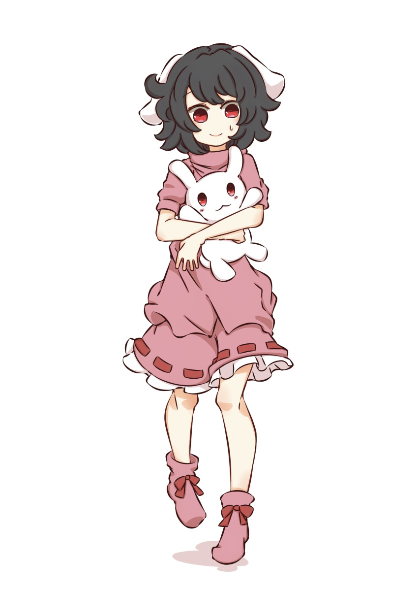 1girl absurdres animal animal_ears black_hair boots bow closed_mouth commentary_request cowlick floppy_ears footwear_bow frilled_skirt frills full_body highres holding holding_animal holding_rabbit inaba_mob_(touhou) inaba_tewi looking_at_viewer medium_bangs pink_footwear pink_shirt pink_skirt rabbit rabbit_ears rabbit_girl red_bow red_eyes ribbon-trimmed_skirt ribbon_trim shirt short_hair short_sleeves simple_background skirt smile solo touhou walking watanukimurama white_background