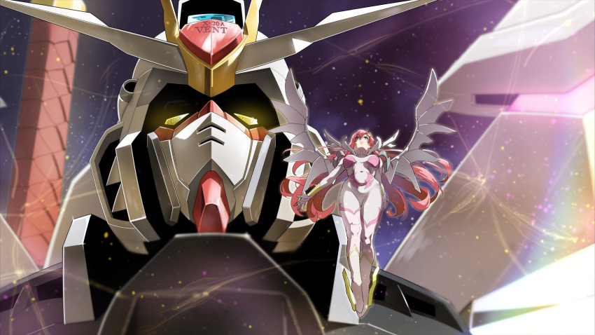 1girl blue_eyes bodysuit breasts exocet glowing gundam gundam_seed gundam_seed_freedom hair_ornament helmet highres lacus_clyne light_particles long_hair mecha mighty_strike_freedom_gundam mobile_suit normal_suit pilot pilot_suit pink_hair robot science_fiction spacesuit spoilers v-fin very_long_hair wings yellow_eyes