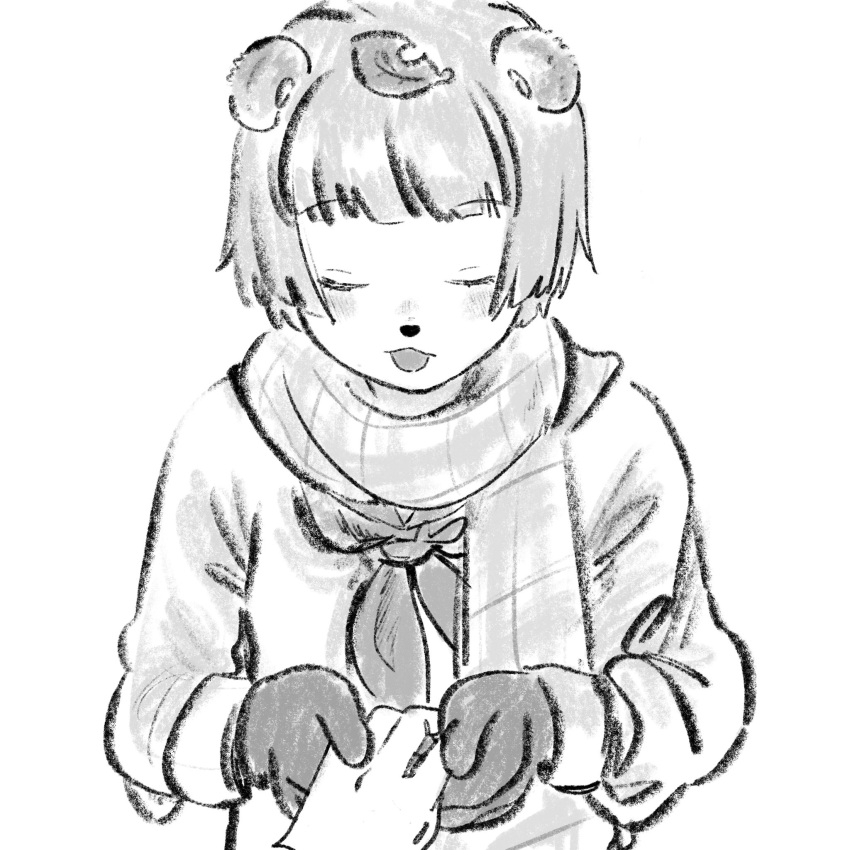 1girl :3 alternate_costume animal_ears animal_nose blush closed_eyes facing_viewer gloves greyscale hand_grab highres leaf leaf_on_head long_sleeves mizu'24 mode_aim monochrome neckerchief open_mouth out_of_frame plaid plaid_scarf ponpoko_(vtuber) pov pov_hands raccoon_ears raccoon_girl raised_eyebrows scarf short_hair simple_background solo_focus upper_body virtual_youtuber