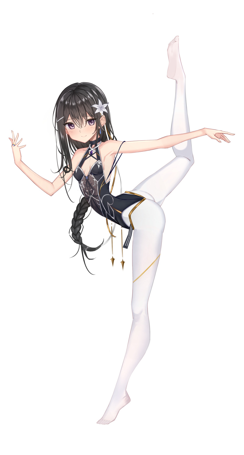 1girl absurdres armpits bare_arms black_eyes black_hair black_leotard braid braided_ponytail breasts cleavage closed_mouth cmpx8522 flower full_body gymnastics hair_flower hair_ornament hairpin hand_up highres legs leotard lily_(flower) long_hair looking_at_viewer original outstretched_arm pantyhose plantar_flexion rhythmic_gymnastics simple_background single_sidelock small_breasts smile solo standing standing_on_one_leg stretching tachi-e toes white_background white_flower white_pantyhose