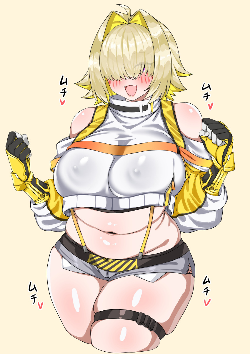 1girl absurdres ahoge bare_shoulders blonde_hair blush breasts clenched_hands commentary_request cropped_legs elegg_(nikke) exposed_pocket eyes_visible_through_hair gloves hair_intakes hair_over_eyes highres large_breasts long_bangs long_sleeves looking_at_viewer multicolored_hair navel open_mouth pipienpippi plump purple_eyes shorts simple_background solo suspender_shorts suspenders thick_thighs thigh_strap thighs translation_request tsurime two-tone_hair yellow_background