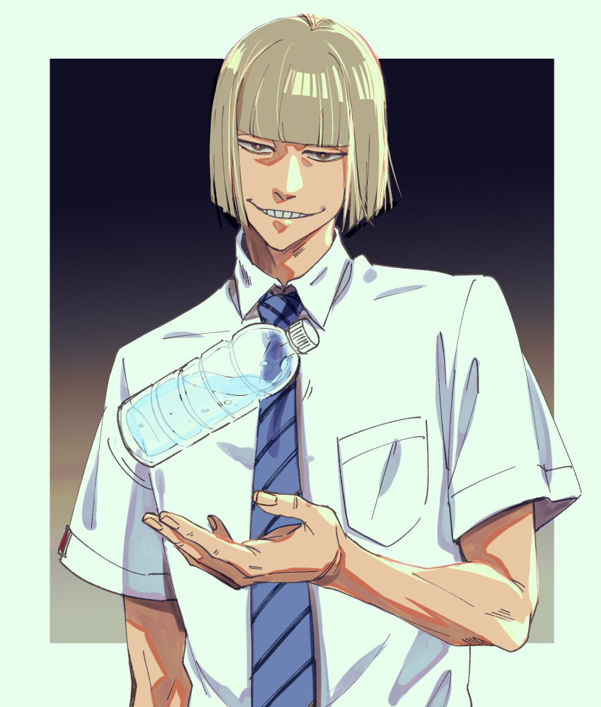 1boy ai_(ai1470) bleach blonde_hair blue_necktie blunt_bangs bob_cut bottle collared_shirt dress_shirt grin highres hirako_shinji looking_at_viewer necktie shirt short_hair smile solo throwing water_bottle white_shirt