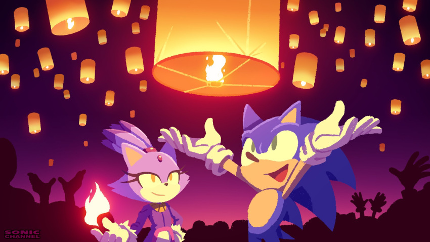 1boy 1girl animal_ears blaze_the_cat cat_ears cat_girl fire fur-trimmed_gloves fur_trim furry furry_female furry_male gloves green_eyes highres lantern official_art paper_lantern ponytail sky_lantern smile sonic_(series) sonic_the_hedgehog sonicofficialjp white_gloves yellow_eyes