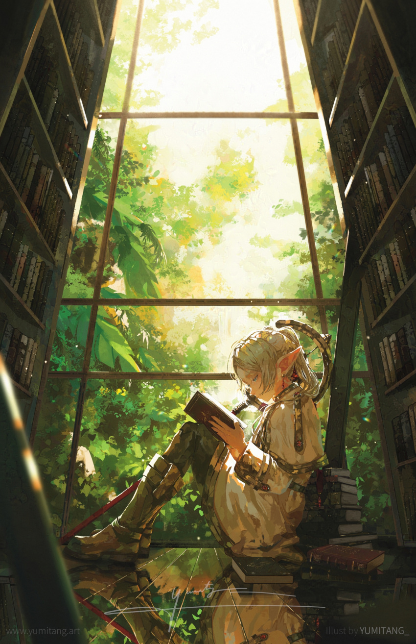 1girl artist_name blue_eyes book book_stack bookshelf boots brown_footwear capelet closed_mouth earrings elf frieren full_body gold_trim highres holding holding_book jewelry leaf long_sleeves nose parted_bangs plant pointy_ears reading reflective_floor sitting skirt solo sousou_no_frieren white_capelet white_hair white_skirt window yumitang