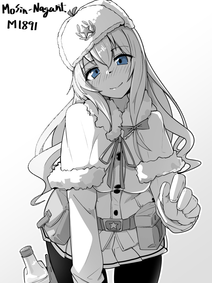 1girl absurdres belt blue_eyes blush bottle character_name cowboy_shot fur_hat girls'_frontline greyscale hat highres long_hair looking_at_viewer minami_shin_(zenshuu_bougyo) monochrome mosin-nagant_(girls'_frontline) pantyhose pleated_skirt pouch simple_background skirt smile solo spot_color star_(symbol) straight-on ushanka