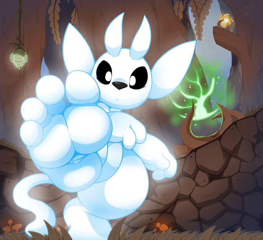 absurd_res anthro electricsnowfox feet fungus gentle_giant grass hi_res looming macro male micro mushroom ori_(ori) ori_(series) plant spirit step_pose stomping toes