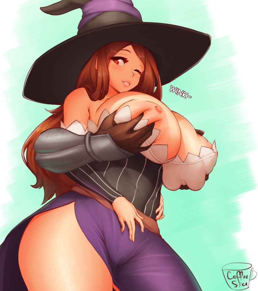 1girl artist_logo artist_name bare_shoulders breasts brown_hair coffeeslice detached_sleeves dragon's_crown dress english_text gauntlets groping hands_on_own_stomach hat highres huge_breasts light_blush long_hair looking_at_viewer nipples one_eye_closed purple_dress red_eyes side_slit smile sorceress_(dragon's_crown) strapless strapless_dress thighs witch_hat
