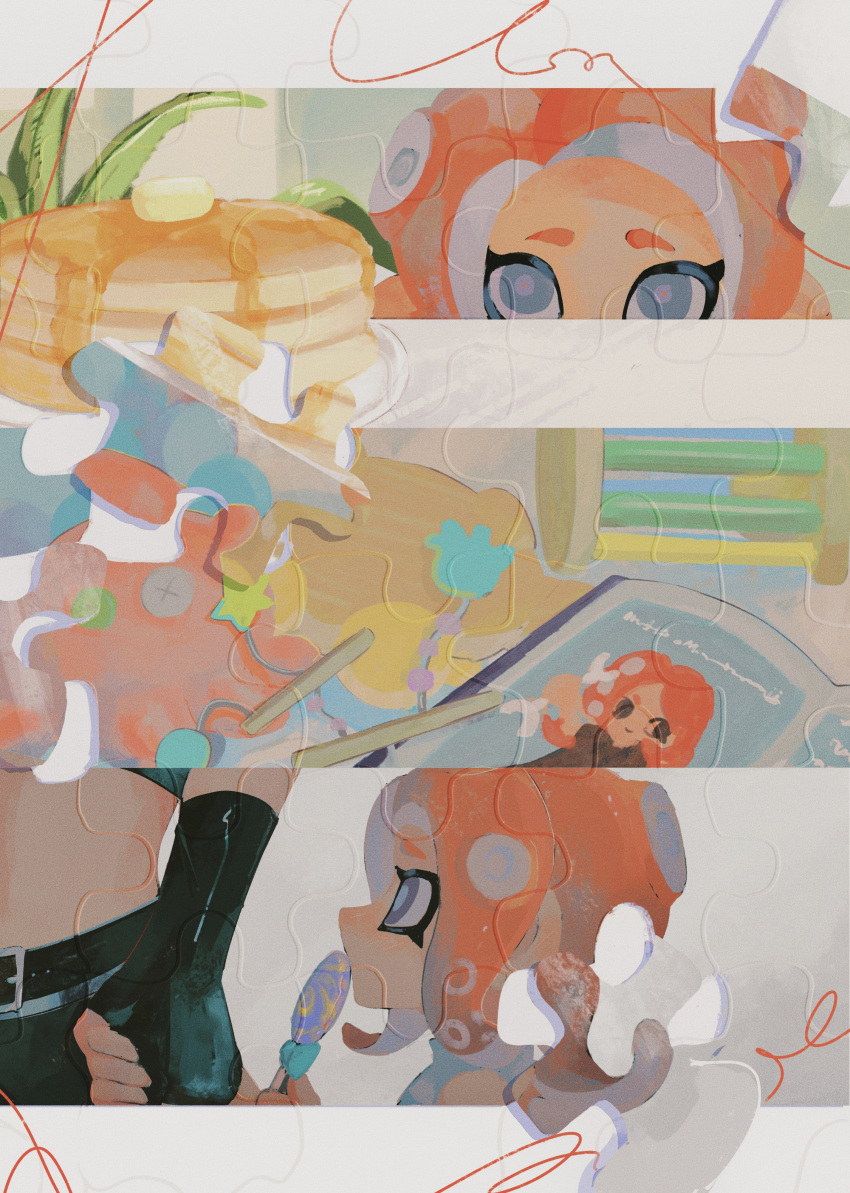 1girl 1other absurdres agent_8_(splatoon) belt black_belt black_gloves blue_eyes book butter candy eating food gloves highres holding holding_candy holding_food holding_hands holding_lollipop jigsaw_puzzle lollipop long_hair looking_at_another maple_syrup octoling octoling_girl octoling_player_character open_book pancake pancake_stack purple_pupils puzzle puzzle_piece red_hair splatoon_(series) stuffed_animal stuffed_octopus stuffed_toy suction_cups swirl_lollipop syrup tentacle_hair toy zicbx