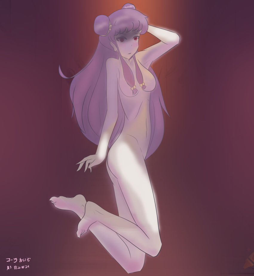 1girl absurdres barefoot blurry blurry_background breasts collarbone colored_skin completely_nude dynamic_pose feet highres jumping legs medium_breasts non-web_source nude purple_hair ranma_1/2 ribs shade shampoo_(ranma_1/2) shiny_skin signature stomach white_skin