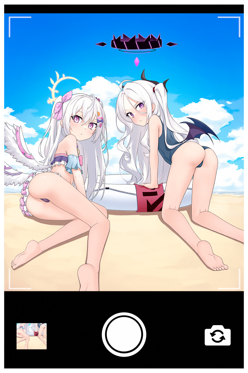 2girls absurdres ahoge all_fours angel_wings arm_support ass azusa_(blue_archive) azusa_(swimsuit)_(blue_archive) bare_legs beach bikini blue_archive blue_one-piece_swimsuit blush closed_mouth crossed_bangs day demon_horns demon_wings feet food-themed_hair_ornament forehead frilled_bikini frills from_behind grey_hair hair_between_eyes hair_ornament hair_ribbon hairclip halo highres hina_(blue_archive) hina_(swimsuit)_(blue_archive) horns innertube legs looking_at_viewer low_wings lying multiple_girls ocean on_side one-piece_swimsuit one_side_up orange_hair_ornament outdoors parted_bangs pink_eyes purple_eyes ribbon ribbonsnek school_swimsuit soles summer sunlight swim_ring swimsuit thighs toes viewfinder wings