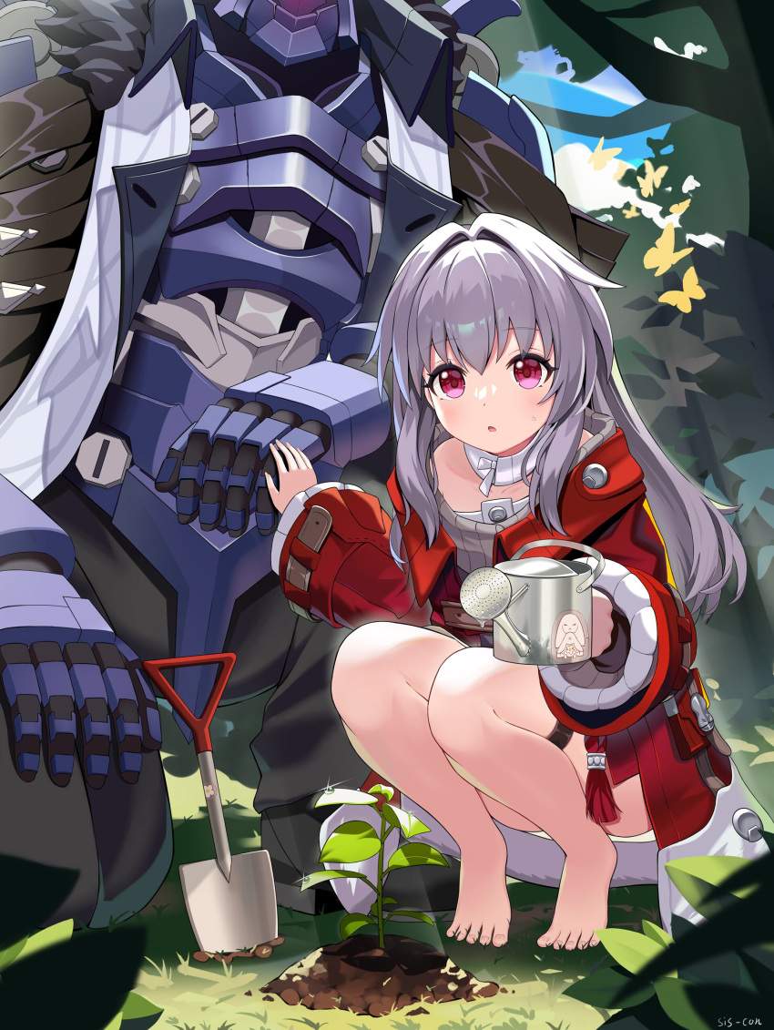 1girl absurdres barefoot blue_sky clara_(honkai:_star_rail) cloud cloudy_sky day grass grey_hair highres honkai:_star_rail honkai_(series) jacket long_hair long_sleeves looking_at_viewer mecha open_mouth outdoors pink_eyes planting red_jacket robot shovel sis-con sky squatting svarog_(honkai:_star_rail) thigh_strap tree