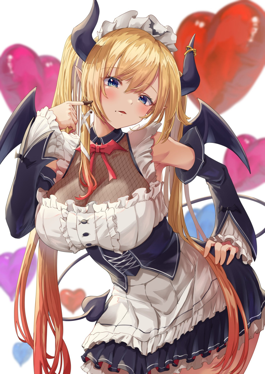 1girl black_dress black_sleeves blonde_hair blurry blurry_background blush breasts chocolate chocolate_on_face chocolate_on_hand cleavage cowboy_shot demon_girl demon_horns demon_tail demon_wings detached_sleeves dress fishnet_top fishnets food food_on_face food_on_hand frilled_dress frilled_sleeves frills hair_between_eyes heart highres hololive horn_ornament horns large_breasts long_hair long_sleeves looking_at_viewer maid maid_headdress solo tail twintails white_background wings yam_(yam6056) yuzuki_choco yuzuki_choco_(maid)