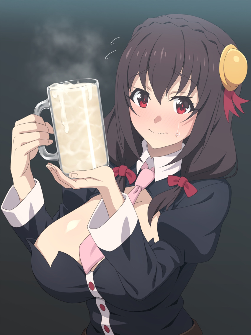 1girl blush bow breasts brown_hair cleavage_cutout clothing_cutout commentary_request cum cum_in_container cum_in_cup cup drinking_glass hair_between_eyes hair_bow hair_ornament highres kono_subarashii_sekai_ni_bakuen_wo! kono_subarashii_sekai_ni_shukufuku_wo! large_breasts long_hair long_sleeves looking_at_viewer necktie red_eyes ribbon solo tedain yunyun_(konosuba)