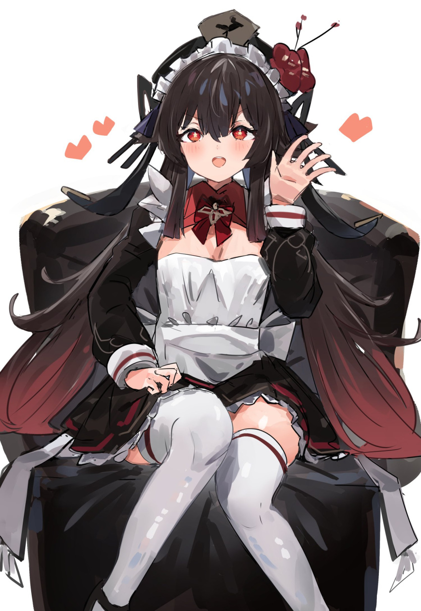 1girl alternate_costume apron black_dress brown_hair commentary_request dress enmaided flower genshin_impact hat hat_flower highres hu_tao_(genshin_impact) long_hair long_sleeves looking_at_viewer maid maid_headdress open_mouth porkpie_hat red_eyes sitting smile solo symbol-shaped_pupils the_olphy thighhighs twintails waving white_background white_thighhighs
