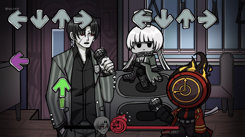 1boy 1girl 1other arrow_(symbol) black_hair charon_(project_moon) chibi cowboy_shot dante_(limbus_company) friday_night_funkin' full_body gameplay_mechanics highres limbus_company microphone njaja_kanja object_head parody project_moon vergilius_(project_moon) white_hair