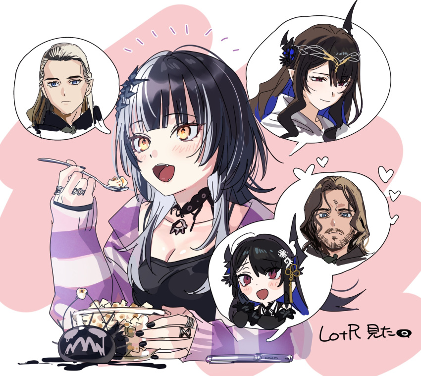 2boys 2girls aragorn arwen arwen_(cosplay) asymmetrical_horns beard black_camisole black_choker black_hair black_horns black_nails blonde_hair blue_eyes bowl breasts brown_hair camisole choker cleavage closed_mouth colored_inner_hair commentary cosplay demon_horns dot_nose elf facial_hair fingernails food grey_hair hair_ornament half-closed_eyes headpiece heart highres holding holding_spoon hololive hololive_english horns jacket jewelry lace lace_choker large_breasts legolas long_hair long_sleeves multicolored_hair multiple_boys multiple_girls multiple_rings mustache nail_polish nerissa_ravencroft notice_lines open_clothes open_jacket open_mouth pink_background pointy_ears popcorn purple_jacket red_eyes ring shiori_novella sleeves_past_wrists smile split-color_hair spoken_character spoon striped_clothes striped_jacket symbol-only_commentary tassel tassel_hair_ornament the_lord_of_the_rings tolkien's_legendarium two-tone_background two-tone_hair uneven_horns virtual_youtuber white_background yellow_eyes yomosaka yorick_(shiori_novella)