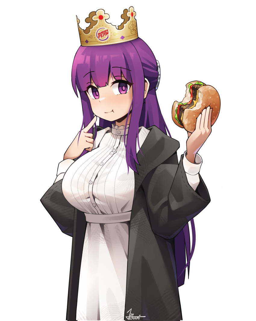 1girl black_robe brand_name_imitation breasts burger burger_king closed_mouth commentary corrupted_twitter_file dress eating fern_(sousou_no_frieren) food highres holding holding_food hood hood_down hooded_robe index_finger_raised jestami large_breasts long_hair long_sleeves looking_at_viewer paper_crown purple_eyes purple_hair robe signature simple_background smile solo sousou_no_frieren white_background white_dress