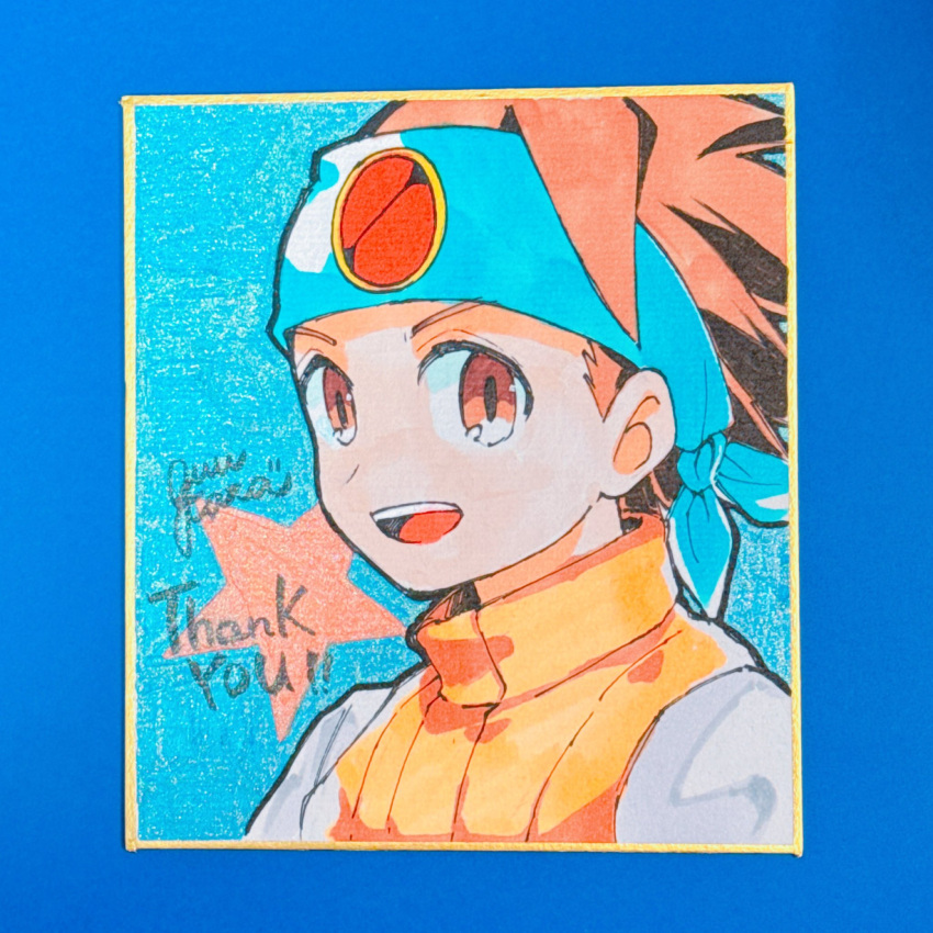 1boy blue_background blue_headband brown_eyes brown_hair close-up guutara headband highres lan_hikari_(mega_man) looking_at_viewer mega_man_(series) mega_man_battle_network_(series) orange_vest photo_(medium) shikishi shirt short_hair signature smile solo star_(symbol) teeth thank_you upper_teeth_only vest white_shirt