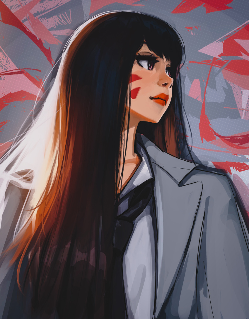 1girl absurdres black_necktie brown_eyes brown_hair closed_mouth d.va_(overwatch) dress_shirt facial_mark grey_jacket highres jacket long_hair looking_to_the_side necktie overwatch red_lips shirt simple_background solo straight_hair suit_jacket sunlight titanartx upper_body whisker_markings white_shirt