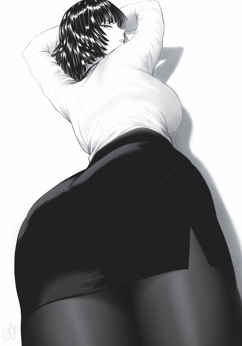1girl absurdres arms_up ass black_hair black_pantyhose black_thighhighs breasts from_below fubuki_(one-punch_man) highres huge_ass large_breasts long_sleeves looking_at_viewer looking_down mature_female monochrome mostlybluewyatt office_lady one-punch_man pantyhose pencil_skirt shadow shirt short_hair simple_background skirt solo thighhighs white_background white_shirt