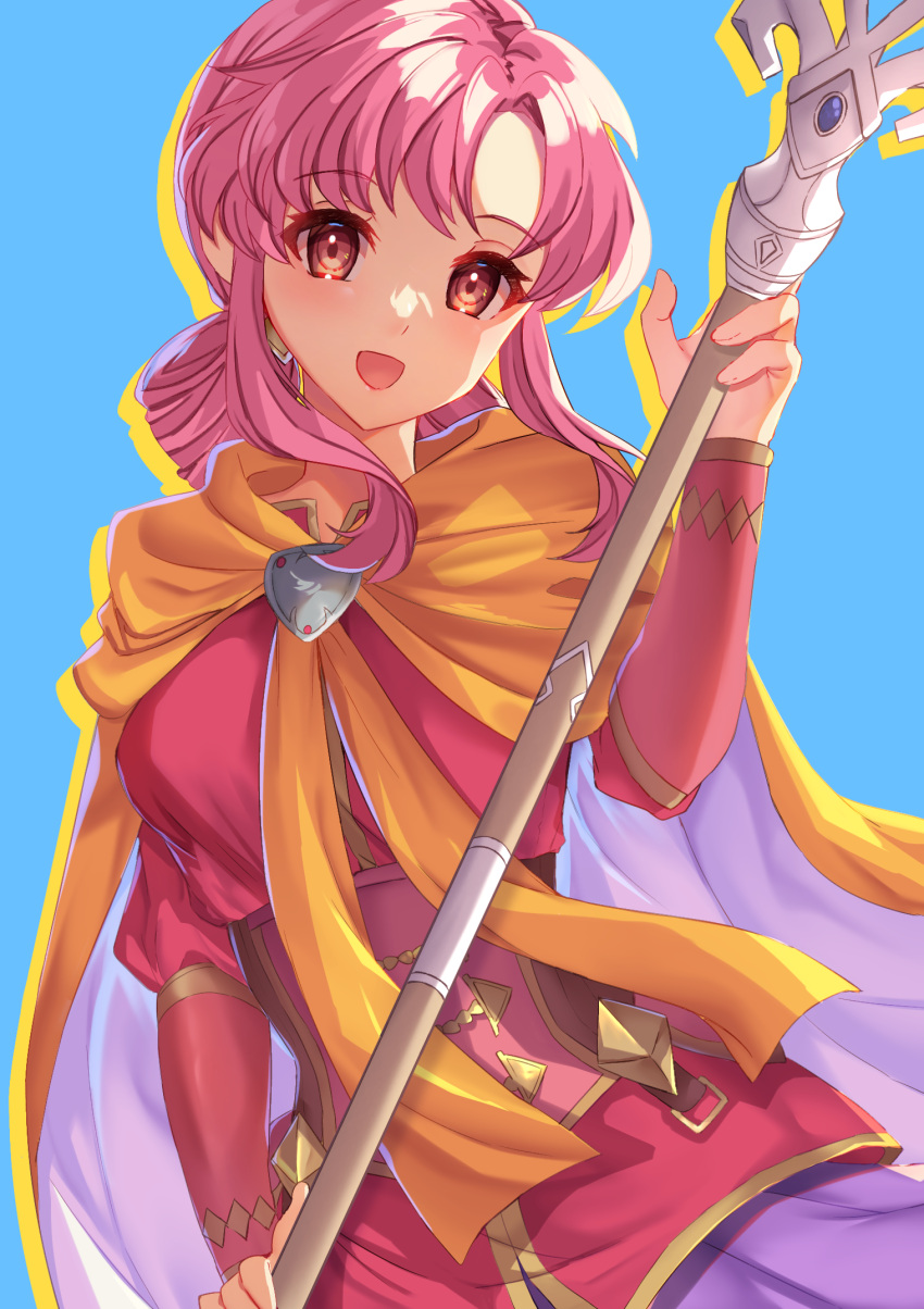 1girl :d blue_background cape edamameoka ethlyn_(fire_emblem) fire_emblem fire_emblem:_genealogy_of_the_holy_war highres holding holding_staff jacket long_hair long_sleeves open_mouth orange_cape pink_hair pink_jacket purple_skirt red_eyes skirt smile solo staff underbust