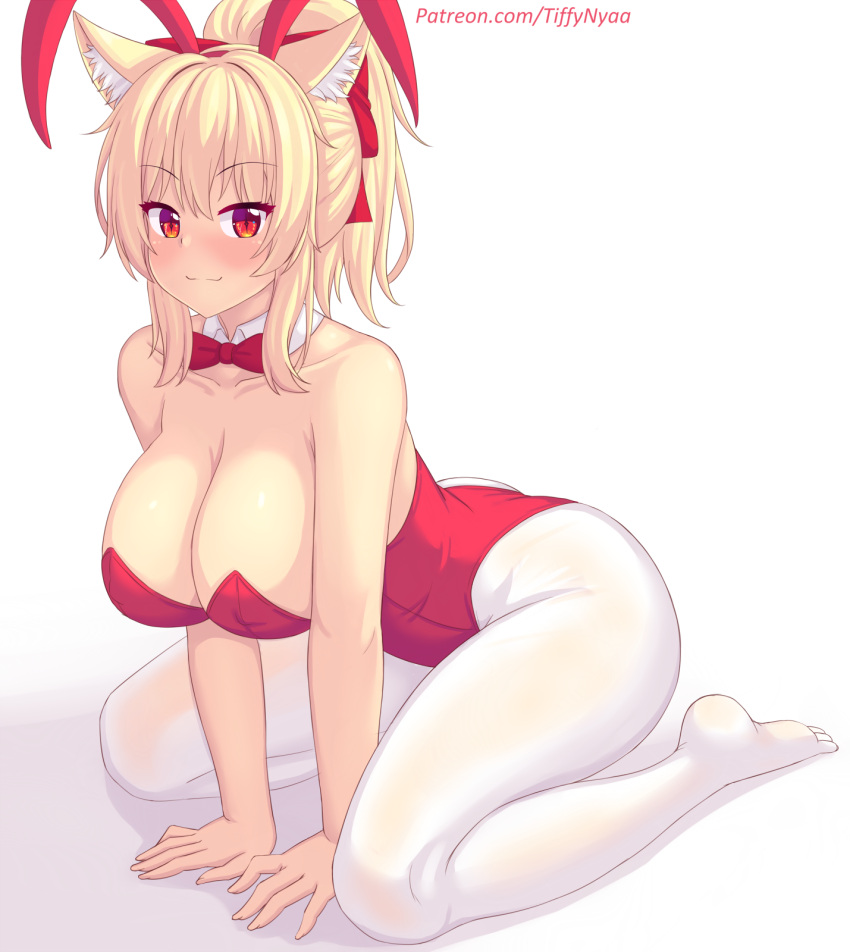 animal_ears blonde_hair blush bow bowtie breasts cat_ears collarbone highres large_breasts looking_at_viewer nottytiffy original patreon_username playboy_bunny ponytail red_eyes simple_background sitting tiffy_(nottytiffy) wariza white_background