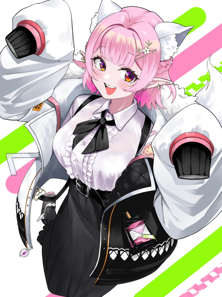 1girl animal_ear_fluff animal_ears belt black_belt black_bow black_bowtie black_skirt black_socks blush bow bowtie braid cat_ears cat_girl cat_tail center_frills earrings elf elu_(11th_costume)_(nijisanji) elu_(nijisanji) extra_ears french_braid frilled_skirt frills fur-trimmed_jacket fur_trim gradient_eyes hair_ornament hairclip highres hiromusan jacket jewelry long_skirt long_sleeves looking_at_viewer multicolored_eyes nijisanji open_clothes open_jacket open_mouth orange_eyes pink_hair pointy_ears puffy_long_sleeves puffy_sleeves purple_eyes red_eyes shirt short_hair skirt sleeves_past_fingers sleeves_past_wrists socks solo suspender_skirt suspenders tail virtual_youtuber white_jacket white_shirt wing_collar yellow_eyes zipper zipper_pull_tab