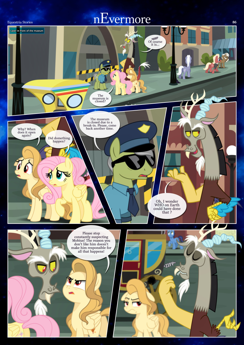 absurd_res alice_goldenfeather_(estories) anthro black_border border butt carriage chimera city clothing crime cutie_mark dialogue discord_(mlp) draconequus ears_down ears_up earth_pony equid equine estories eyebrows eyes_closed eyewear fan_character female feral fluttershy_(mlp) folded_wings friendship_is_magic frown group hasbro hat headgear headwear hi_res horn horse looking_up male mammal my_little_pony mythological_creature mythological_equine mythology necktie outside pegasus pivoted_ears pony raised_eyebrow sidewalk smile standing street street_lamp sunglasses unicorn unimpressed wings zipper zipper_mouth