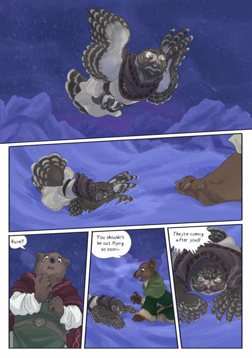 2024 5_fingers anthro avian beak bear biped bird bjekkergauken brown_bear brown_body brown_feathers brown_fur claws colored comic dialogue dialogue_box english_text feather_hands feathers feet female feral fingers flying fur group gulonine herja_(bjekkergauken) hi_res larger_anthro larger_female mammal marten mustelid musteline night outside owl pine_marten scar shirin_(bjekkergauken) size_difference smaller_feral snow snowing speech_bubble talons text toe_claws toes trio ursine yellow_eyes