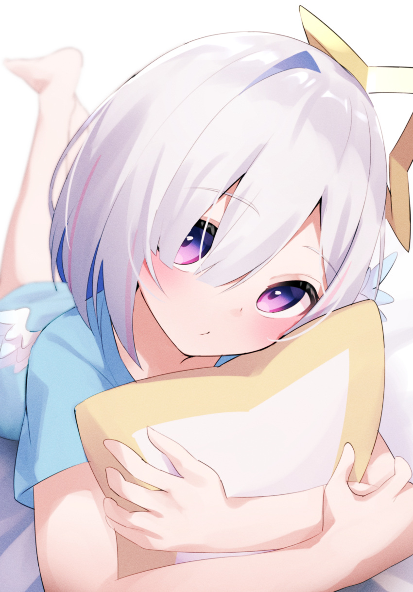 1girl amane_kanata angel angel_wings barefoot blue_hair blue_shirt blush colored_inner_hair fragir grey_hair halo highres hololive hugging_object looking_at_viewer multicolored_hair pillow pillow_hug purple_eyes shirt short_hair solo star-shaped_pillow star_halo virtual_youtuber wings