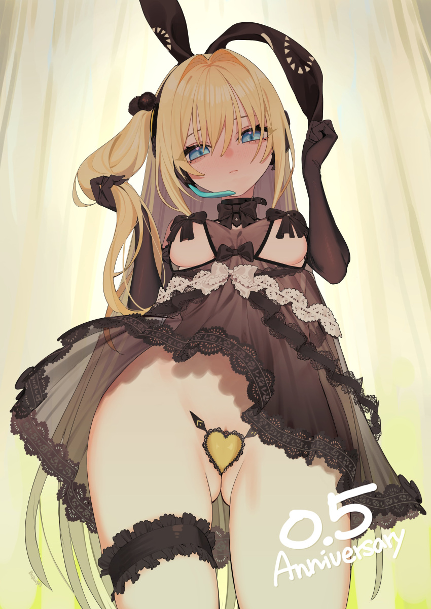 1girl absurdres allee_winter_(star_lusts) animal_ears beijuu black_bow black_bowtie black_gloves blonde_hair blue_eyes bow bowtie breasts bridal_garter closed_mouth elbow_gloves fake_animal_ears from_below gloves hair_between_eyes heart_maebari highres long_hair looking_down maebari medium_breasts negligee one_side_up pussy pussy_peek rabbit_ears solo star_lusts very_long_hair