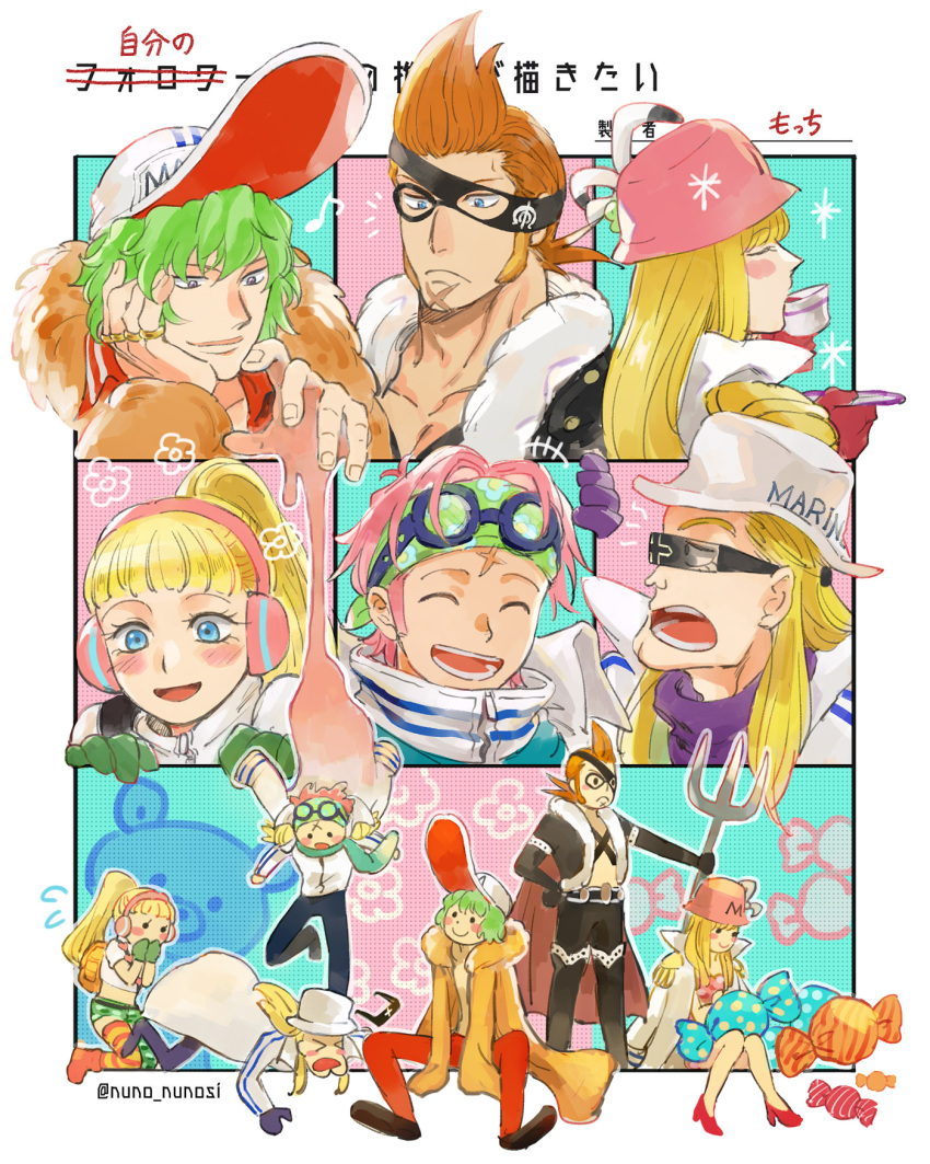 2girls 4boys baseball_cap blonde_hair blue_eyes blush candy clay closed_eyes clothes_writing cup devil_fruit_power drinking epaulettes food gloves goggles green_gloves green_hair green_headband hat headband headphones helmeppo hibari_(one_piece) high_collar highres holding holding_cup holding_trident jewelry koby_(one_piece) kujaku_(one_piece) long_hair marine_uniform_(one_piece) medium_hair mocchi_(mkz) multiple_boys multiple_girls multiple_rings one_piece open_mouth orange_hair pink_hair ponytail prince_grus purple_eyes ring scar scar_on_face short_hair sideburns smile sunglasses surprised teacup teeth twitter_username x_drake