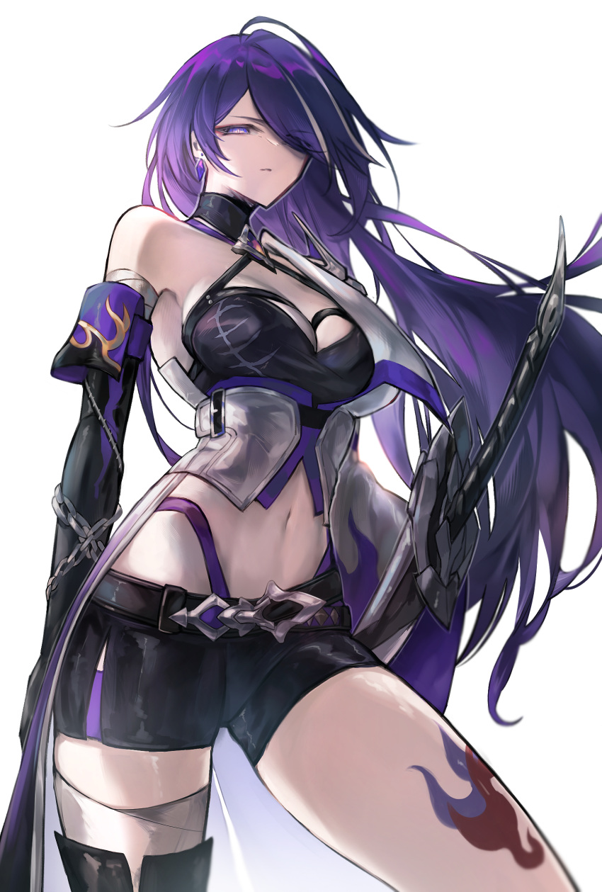 1girl absurdres acheron_(honkai:_star_rail) black_choker black_gloves black_shorts blackberry4400 breasts chain choker cleavage coat commentary_request earrings elbow_gloves gloves grey_hair highres honkai:_star_rail honkai_(series) jewelry large_breasts leg_tattoo long_hair looking_at_viewer midriff multicolored_hair navel purple_eyes purple_hair short_shorts shorts simple_background single_bare_shoulder solo standing stomach streaked_hair tattoo thighs very_long_hair white_background