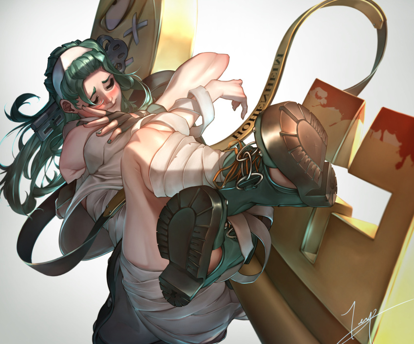 1girl a.b.a bags_under_eyes bandages blood closed_eyes green_hair guilty_gear guilty_gear_strive highres hug key key_in_head object_through_head paracelsus_(guilty_gear) stitched_mouth stitches teppu_tora