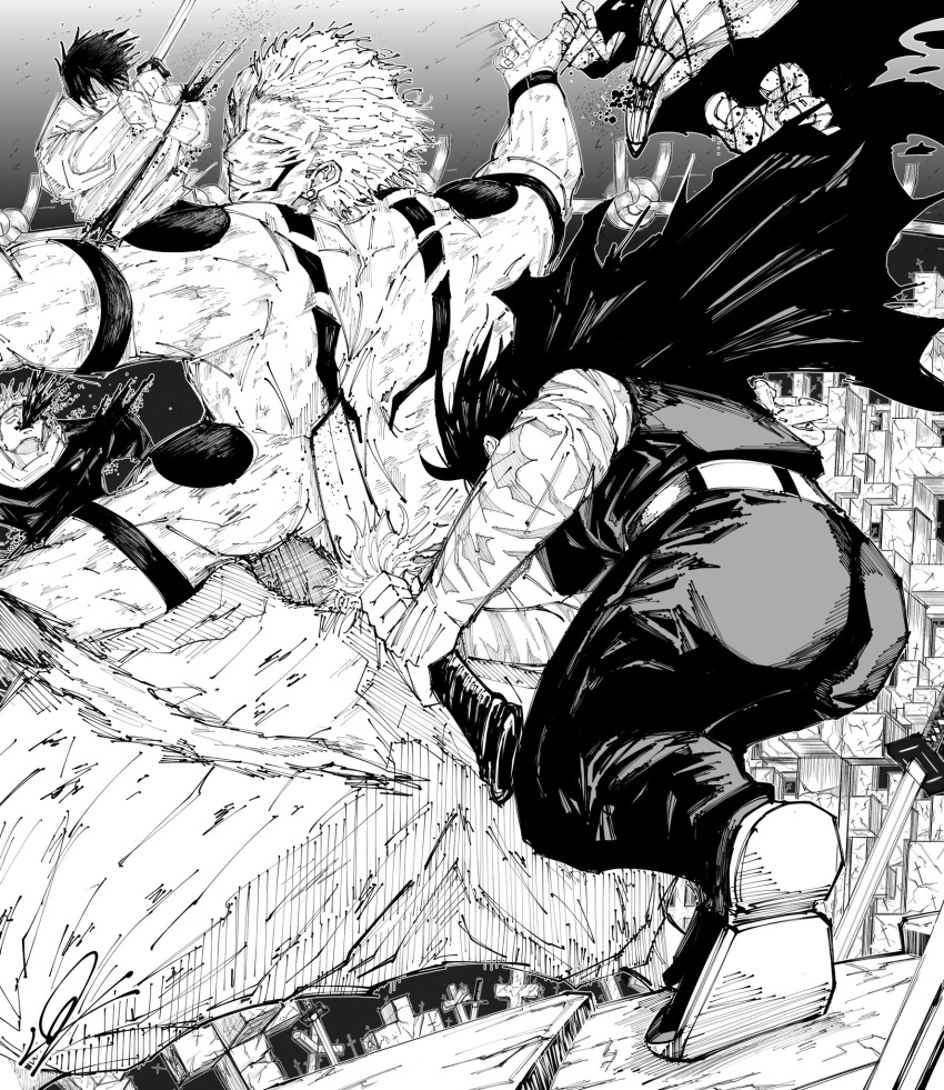 1girl 1other 3boys arm_tattoo ass blood blood_from_mouth cuts cutting extra_arms extra_eyes fighting greyscale highres holding holding_sword holding_weapon injury itadori_yuuji jujutsu_kaisen katana looking_back monochrome multiple_boys okkotsu_yuuta orimoto_rika ryoumen_sukuna_(jujutsu_kaisen) ryukou0821 scar scar_on_arm short_hair spoilers sword tattoo weapon