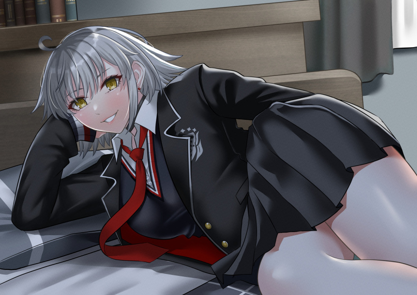 1girl absurdres ahoge blush breasts fate/grand_order fate_(series) grey_hair grin highres jeanne_d'arc_alter_(avenger)_(fate) jeanne_d'arc_alter_(fate) large_breasts long_sleeves looking_at_viewer looking_back lying on_side school_uniform short_hair skirt smile solo tomotomow00w yellow_eyes