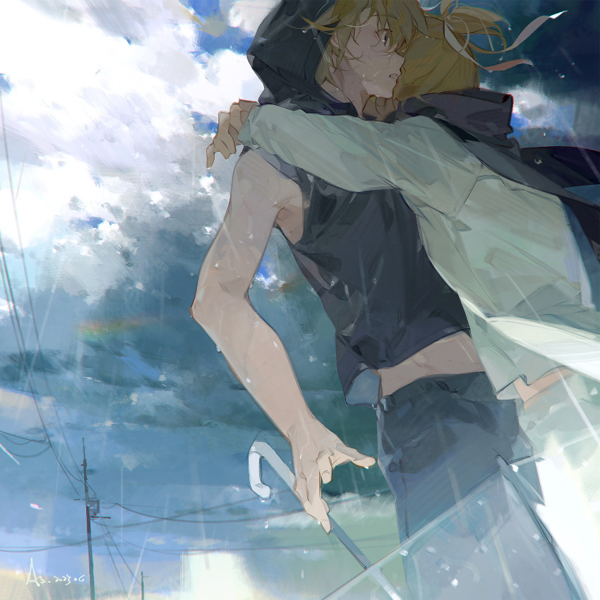 2boys a-shacho ame_wo_tsureyuku_(vocaloid) bare_shoulders black_hoodie black_pants blonde_hair bracelet chinese_commentary cloud cloudy_sky commentary_request cowboy_shot day dual_persona dutch_angle grey_scarf hair_ribbon highres hood hood_up hoodie hug jewelry kagamine_len light_rays long_sleeves looking_ahead male_focus midriff_peek multiple_boys open_mouth outdoors pants ponytail power_lines rain ribbon scarf shirt sky sleeveless surprised transparent transparent_umbrella umbrella utility_pole vocaloid wet white_pants white_shirt