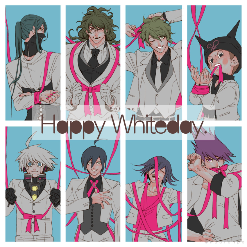 6+boys adjusting_bow adjusting_bowtie ahoge alternate_costume amami_rantaro android animal_ear_headwear animal_ears antenna_hair aqua_hair arms_behind_back beanie belt black_background black_belt black_corset black_eyes black_hat black_mask black_necktie black_shirt black_vest blue_eyes blue_hair blush_stickers border bound bound_wrists bow bowtie brown_hair buttons cat_ears clenched_teeth closed_eyes coattails collarbone collared_jacket corset cowboy_shot danganronpa_(series) danganronpa_v3:_killing_harmony english_text eyelashes fake_animal_ears fingernails from_behind glasses gloves gokuhara_gonta green_eyes green_hair grey_vest grin hair_between_eyes hair_bow hand_on_own_chest hand_on_own_hip hat high_collar highres holding holding_bow_(ornament) holding_ribbon hoshi_ryoma jacket jacket_partially_removed k1-b0 konakai layered_sleeves long_hair long_sleeves male_focus mask messy_hair momota_kaito mouth_hold mouth_mask multiple_boys nail_polish necktie oma_kokichi one_eye_closed open_clothes open_jacket open_mouth outstretched_arms pants pink_bow pink_bowtie pink_nails pink_necktie pink_ribbon pink_shirt pocket ponytail purple_hair ribbon round_eyewear saihara_shuichi shinguji_korekiyo shirt short_hair smile straight-on straight_hair suit teeth upper_teeth_only vest white_belt white_border white_day white_gloves white_hair white_jacket white_necktie white_pants white_shirt white_sleeves white_suit white_vest wiping_face yellow_eyes zipper