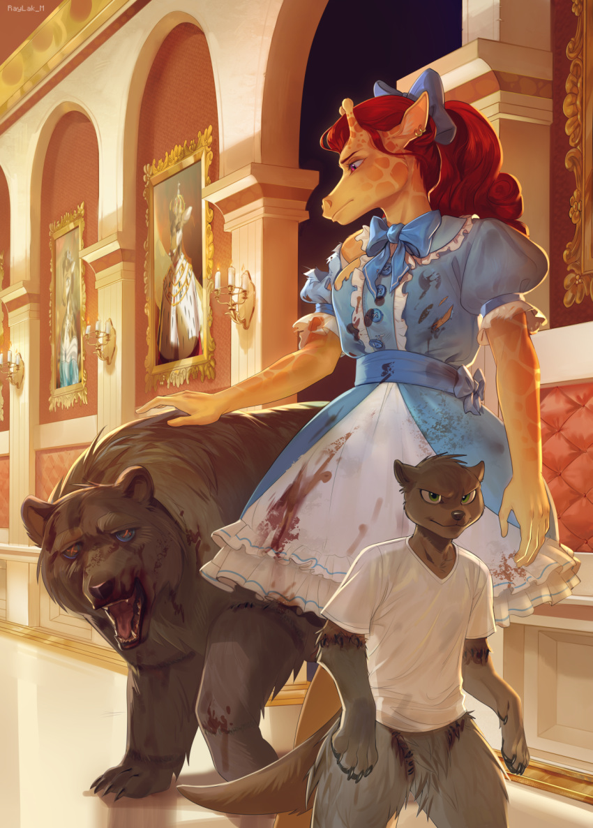 anthro bear blood blood_on_clothing blood_on_mouth bodily_fluids bottomless bow_ribbon candle clothed clothing dress dress_only duo female feral giraffe giraffid hallway hi_res legend_of_ahya male mammal marle_talbender_(darkflamewolf) mustelid otter paintings palace portraits raylak_m shirt shirt_only stained_clothing topwear topwear_only