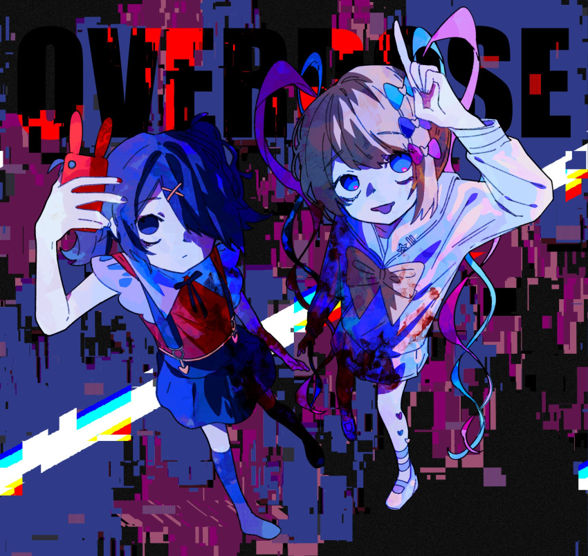 2girls ame-chan_(needy_girl_overdose) arm_up black_hair black_ribbon blonde_hair blue_bow blue_eyes blue_hair blue_serafuku blue_shirt blue_skirt bow chouzetsusaikawa_tenshi-chan collared_shirt dual_persona from_above full_body glitch hair_bow hair_ornament hair_over_one_eye hand_up heart heart_hair_ornament highres holding holding_phone index_finger_raised legs_apart long_hair long_sleeves looking_at_phone looking_at_viewer multicolored_hair multiple_girls neck_ribbon needy_girl_overdose open_mouth phone pink_bow pink_hair pleated_skirt purple_bow quad_tails red_shirt ribbon school_uniform serafuku shirt skirt smile standing suspender_skirt suspenders taking_picture twintails x_hair_ornament yellow_bow zer0h