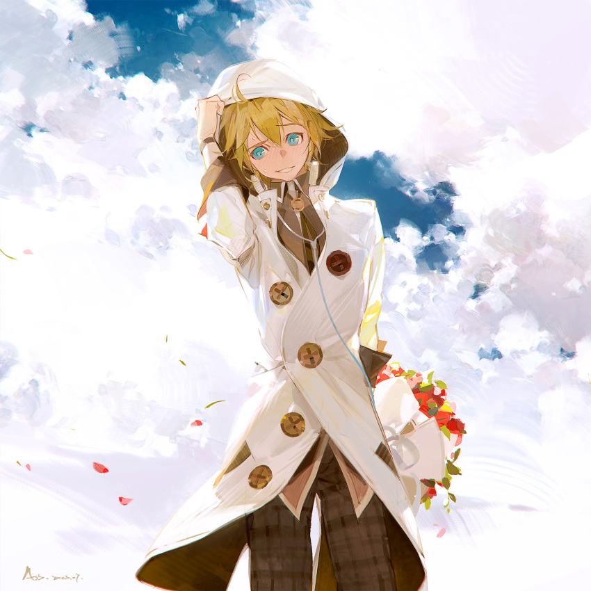 1boy a-shacho ahoge black_bracelet blonde_hair blue_eyes blue_sky bouquet brown_pants brown_shirt buttons chinese_commentary cloud cloudy_sky coat collared_shirt commentary_request cowboy_shot dated day flower grin hand_on_headwear high_collar highres holding holding_behind_back holding_bouquet hood hood_up hooded_coat kagamine_len leaf long_sleeves looking_at_viewer male_focus outdoors pants petals plaid plaid_pants raised_eyebrow red_flower red_rose rose shirt short_hair signature sky smile solo vocaloid white_coat white_hood white_sleeves