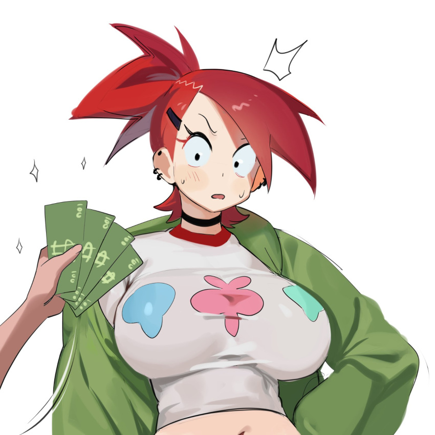 1girl banknote black_choker black_eyes breasts choker crop_top cropped_shirt ear_piercing foster's_home_for_imaginary_friends frankie_foster green_jacket hair_ornament hand_on_own_hip highres jacket large_breasts midriff money navel nia_(nia4294) piercing ponytail red_hair shirt sleeves_past_wrists solo standing white_background white_shirt wide-eyed