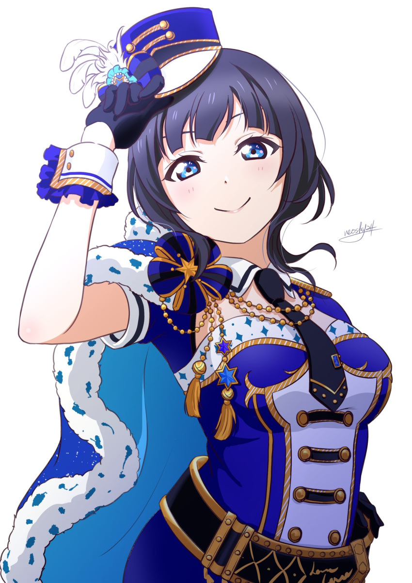 1girl adjusting_clothes adjusting_headwear asaka_karin blue_cape blue_eyes blue_gloves blue_hair blue_hat blue_necktie breasts cape closed_mouth commentary_request detached_collar fur-trimmed_cape fur_trim gloves highres looking_at_viewer love_live! love_live!_nijigasaki_high_school_idol_club love_live!_school_idol_festival_all_stars medium_breasts necktie neo_(neosky24) signature smile solo tentation_bleu_(love_live!) upper_body white_background wrist_cuffs