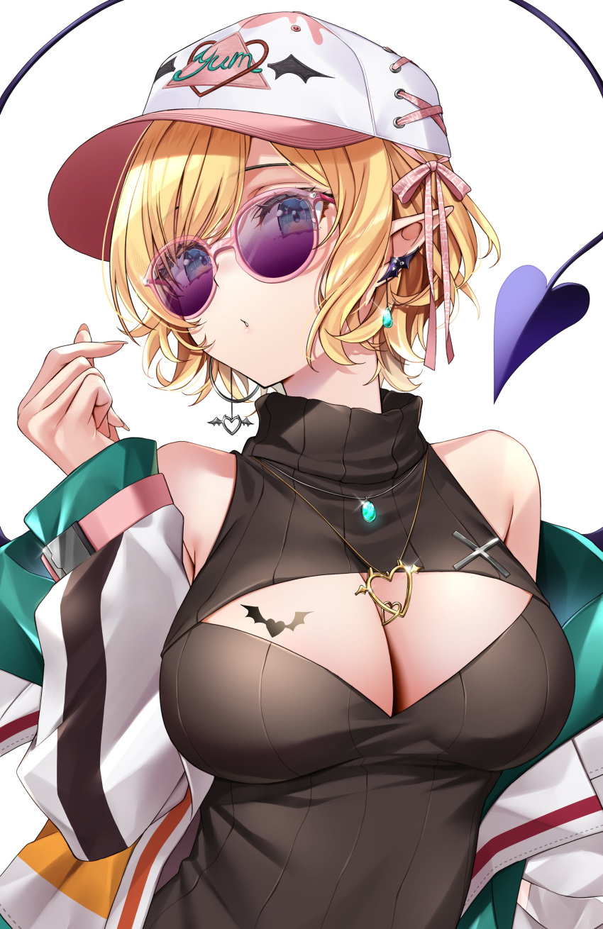 1girl absurdres baseball_cap black_sweater blonde_hair blue_eyes breast_tattoo breasts cleavage cleavage_cutout clothing_cutout commentary demon_girl demon_tail earrings finger_heart hat highres hololive jacket jewelry large_breasts long_sleeves looking_at_viewer makinan necklace off_shoulder official_alternate_costume official_alternate_hairstyle parted_lips pink-framed_eyewear pixie_cut pointy_ears purple-tinted_eyewear short_hair simple_background sleeveless sleeveless_turtleneck solo sunglasses sweater swept_bangs tail tattoo tinted_eyewear turtleneck turtleneck_sweater two-sided_fabric two-sided_jacket upper_body virtual_youtuber white_background white_hat white_jacket winged_heart yuzuki_choco yuzuki_choco_(streetwear)