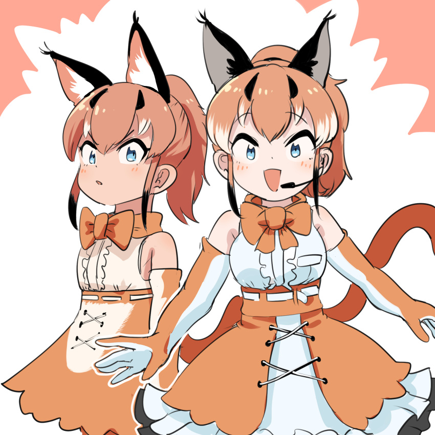 2girls alternate_hairstyle animal_ears bare_shoulders black_hair blue_eyes blush bow bowtie caracal_(kemono_friends) cat_ears cat_girl cat_tail center_frills elbow_gloves extra_ears frilled_skirt frills gloves hair_between_eyes high-waist_skirt highres kemono_friends kemono_friends_v_project light_brown_hair looking_at_viewer mcgunngu microphone multicolored_hair multiple_girls multiple_views open_mouth orange_bow orange_bowtie orange_gloves orange_skirt ponytail shirt sidelocks skirt sleeveless tail tan two-tone_skirt white_gloves white_shirt white_skirt
