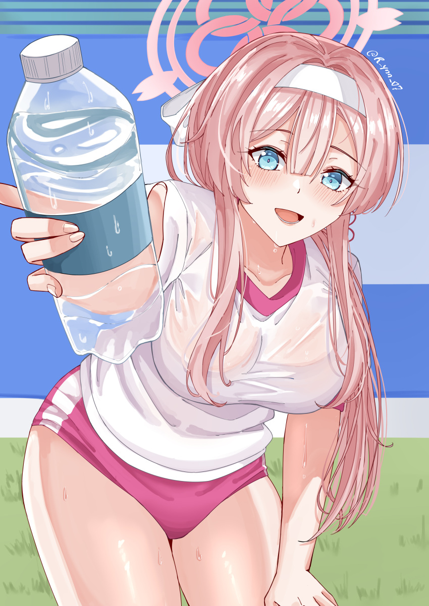 1girl absurdres blue_archive blue_eyes blush bottle breasts buruma cowboy_shot fingernails gym_shirt gym_uniform halo highres holding holding_bottle large_breasts long_hair looking_at_viewer mimori_(blue_archive) open_mouth pink_buruma pink_hair pink_halo rynn_(darknescorez) shirt short_sleeves smile solo twitter_username water_bottle wet wet_clothes wet_shirt white_shirt