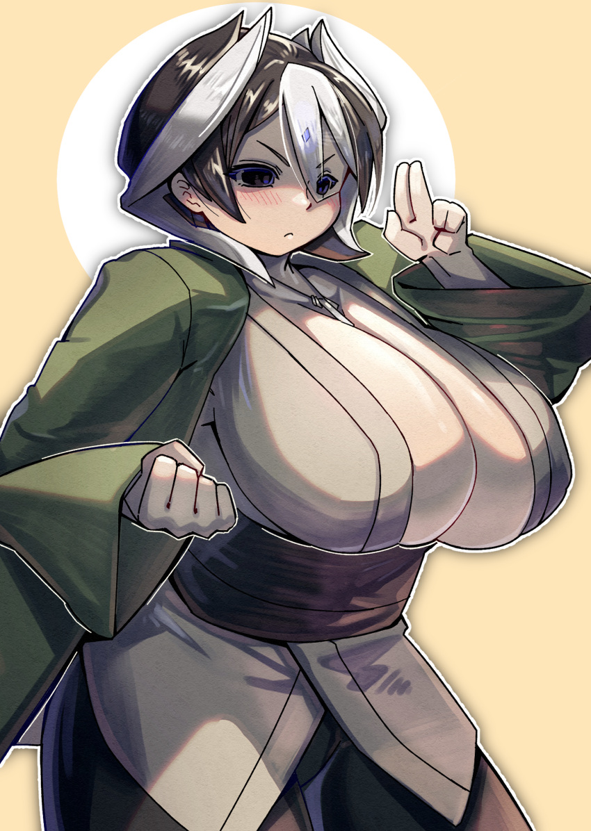 1girl black_hair blush breasts cleavage clenched_hand cosplay highres huge_breasts looking_to_the_side made_in_abyss mikiji naruto_(series) ozen sash solo tsunade_(naruto) tsunade_(naruto)_(cosplay) white_hair wide_sleeves